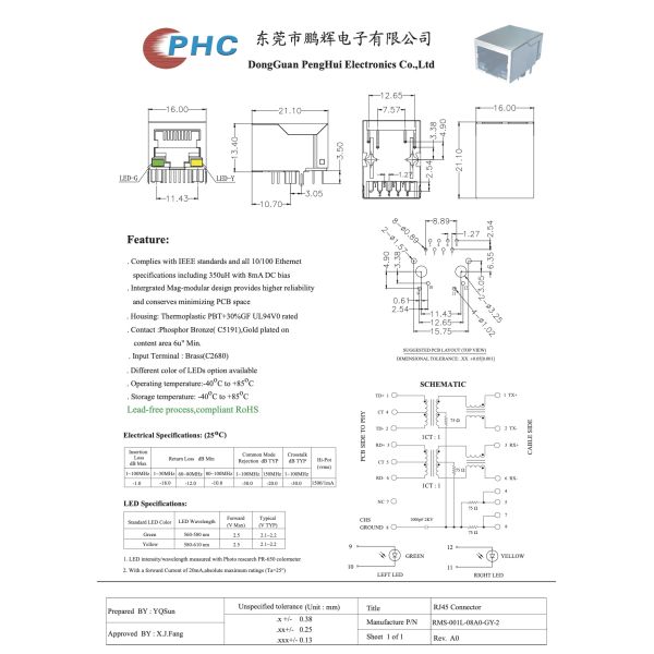 RMS-001L-08A0-GY-2 100 Base-T 21.6L RJ45 with integrated magnetics with G/Y LEDs