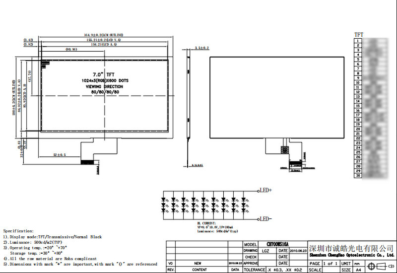Модуль дисплея 1024x600 Dot Matrix LCD Высота Яркость Дисплей широкой температуры