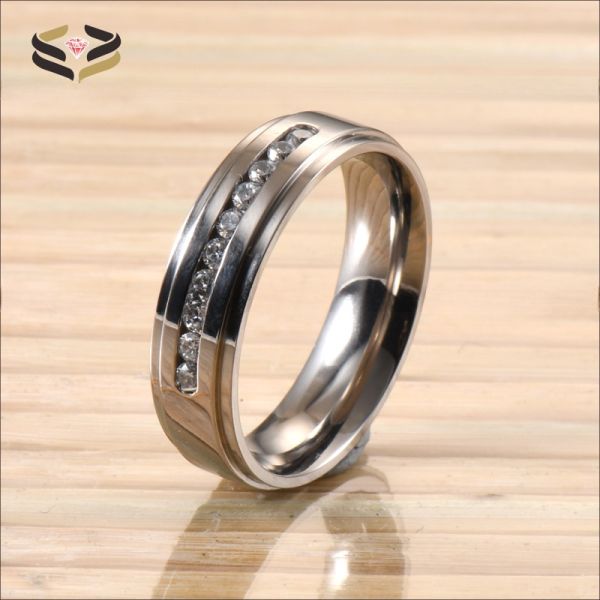 Main Stone Rhinestone Titanium Wedding Ring 6MM Silver CZ Stone Inlayed