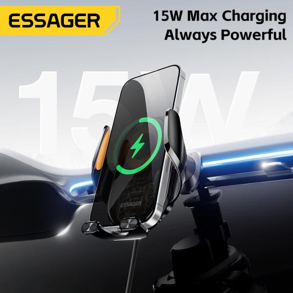 One-hand Operation Car Phone Holder with Wireless Charger and Anti-slip Features ESSAGER A6 360 Rotation