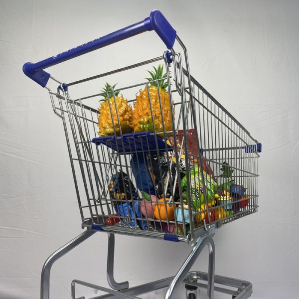 Колеса PU вагонетки немецкого супермаркета посещения универсального магазина бакалеи большой емкости стиля 150L стальные с голубыми пластиковыми частями