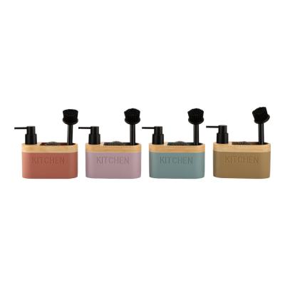 3N1 Sand stone Kitchen Soap Dispenser with black cleaning ball and S/S brush and  Kitchen debossed on body and fauxwood top hand wash dispenser kitchen utensil caddy