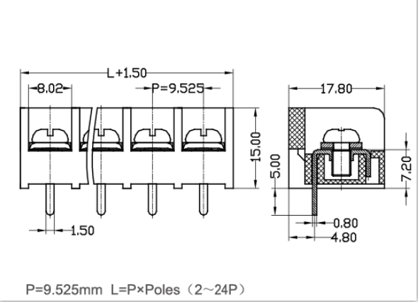 Espacement de l'admission à angle droit de fil du TB 300V 20A 2-24 Polonais de barrière de 9.52mm