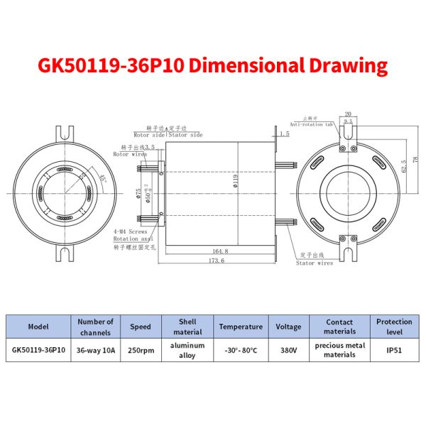 36-Channel Large Aperture Slip Ring with 50mm Inner Diameter and 250rpm Speed for High-Power Transmission