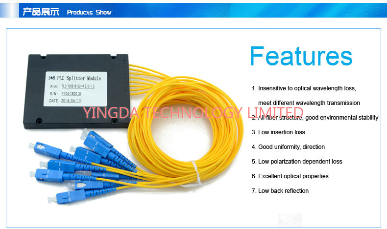 GPON Single Mode Fiber Optic PLC Splitter 1x 8, PLC Splitter Module SC 1.5M Модуль разделения PLC на оптические волокна