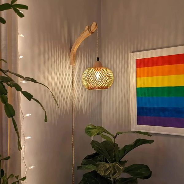 Natural Rattan Wicker Hand-Woven  Bamboo Lantern Wall Lamp with plug  (WH-VR-136)