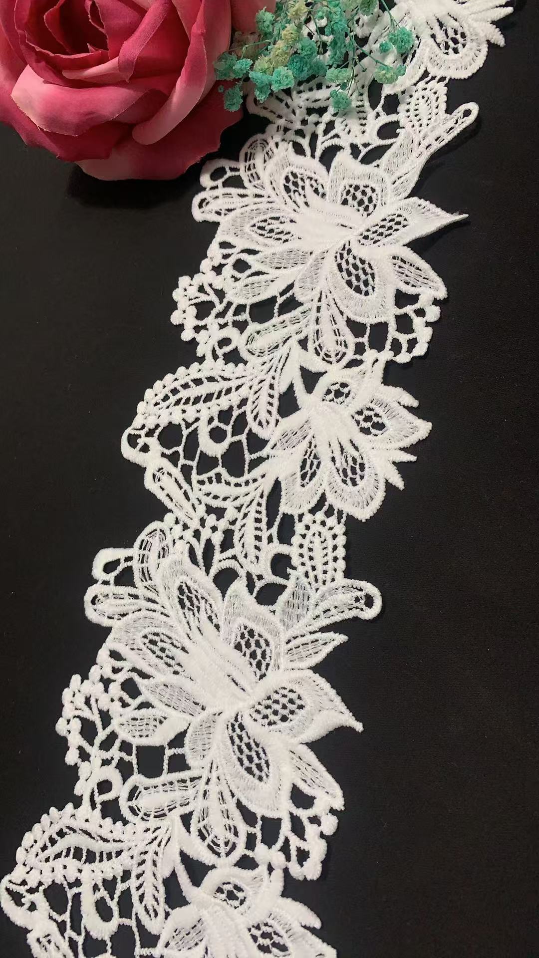 10cm Polyester Milk yarn Water‑Soluble Embroidery Lace Trim, Floral Hollow Lace Border for Wedding Dress