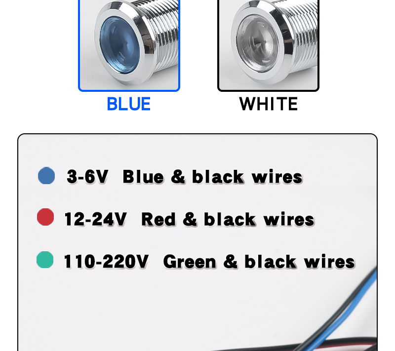 12MM Metal LED Warning indicator light Signal Lamp Pilot Wires switch 6/12/24/220V Red Green Blue White Yellow