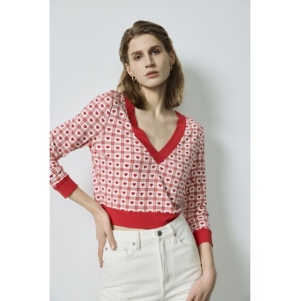 Red White Basic Tops Checkerboard Heart Jacquard V Neck Cropped Top Cropped Knit