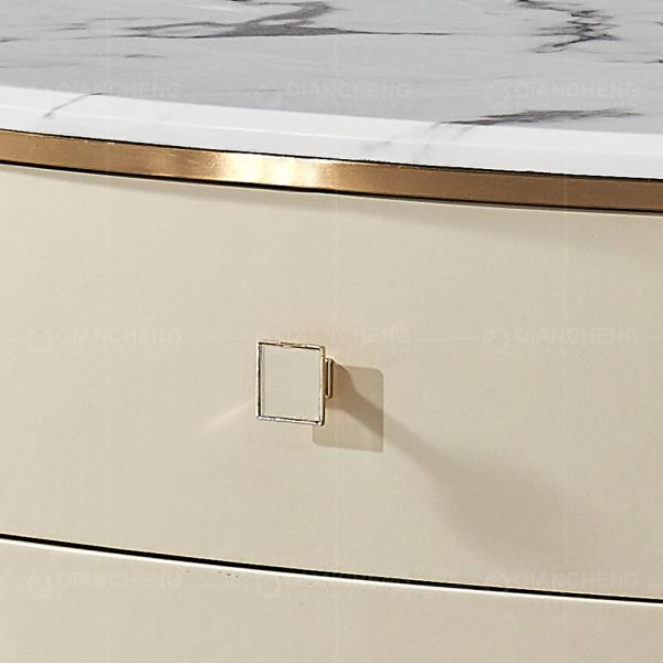 Beige Coffee Dining Table With 2 Drawers 20mm Faux Marble On Top Golden Stainless Steel Legs