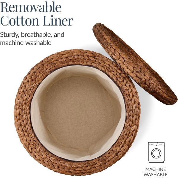 Tall Water Hyacinth Wicker Basket with Handles | Natural, Brown, Natural Bathroom Trash Can Boho Style - Wicker Trash Can With Lid For Household, Kitchen - Removable Liner, Iron Frame