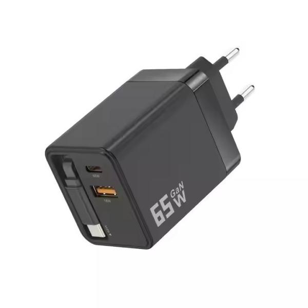 65Wの 65cmの引き取り可能なケーブルガN充電器 (USB-C + USB + C型ケーブル) PD3.0 PPS QC4.0 急速移動充電器