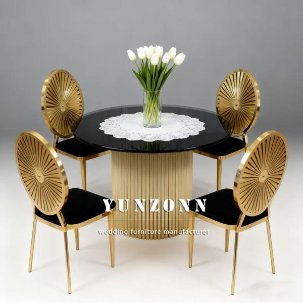 Wedding Furniture Gold Stainless Steel Frame Tempered Mirror Glass Top Dining Table
