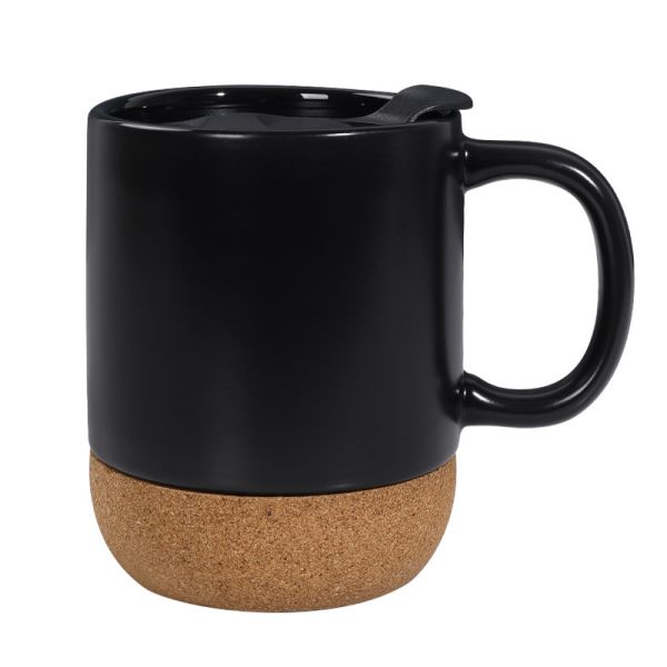 450ML Custom Logo Matte Black White Cork Base Ceramic Coffee Travel Mug With PP Lid