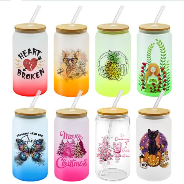 DIY Fun Sublimation Gradient Cola Can 16oz Large Capacity Straw Cup Glass Jar For Cold Drinks