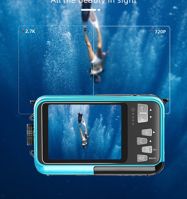 2.7K  Waterproof Camera 2.7+1.8 Inch Screen 16X Digital Zoom 13FT Underwater Anti-Shake Snorkeling Swimming and Diving Camera