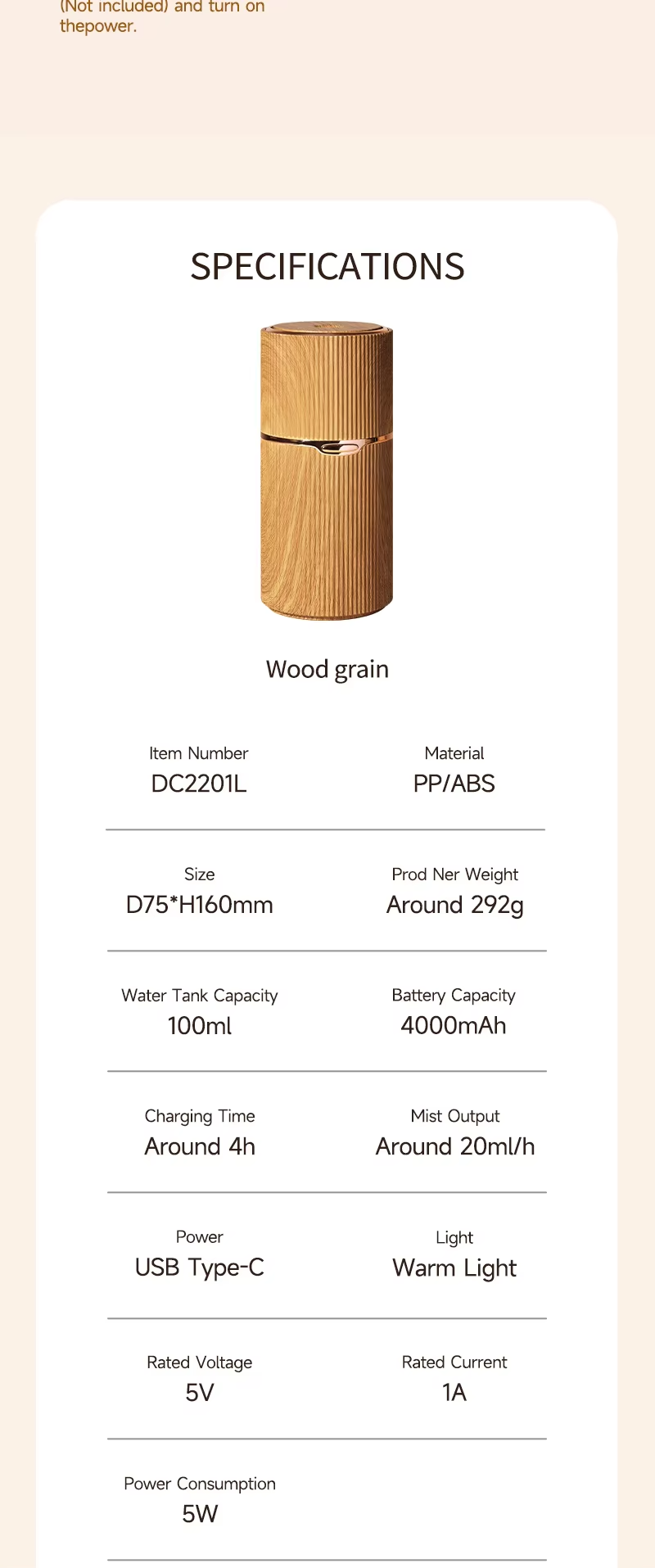 USB Type-C Home Aroma Diffuser with 100ml Water Tank Capacity and Waterless Auto Shut-Off