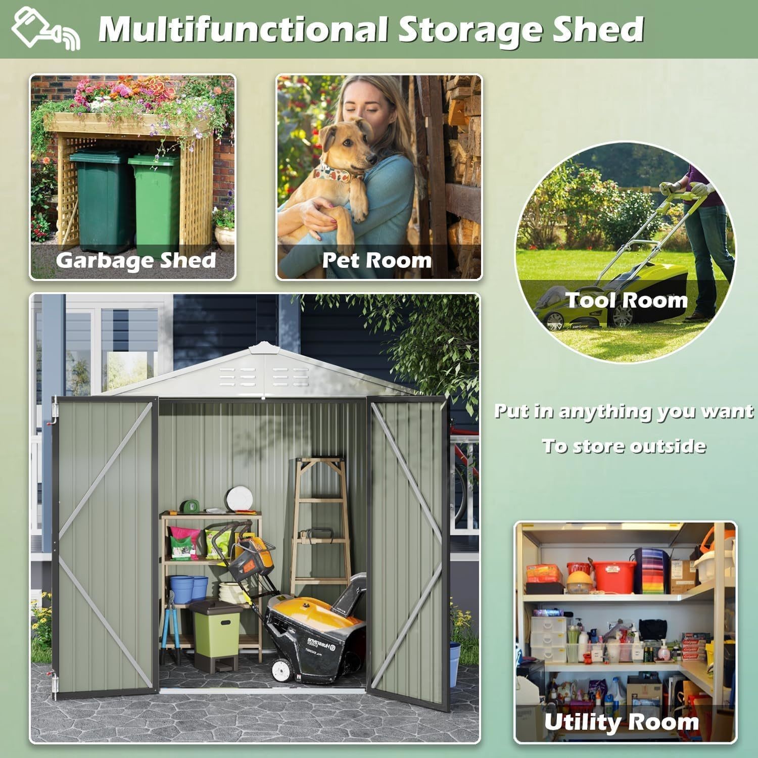 Powder Coated AJUNION Metal Garden Shed Double Lockable Door 50D x 78.3W x 74.2H