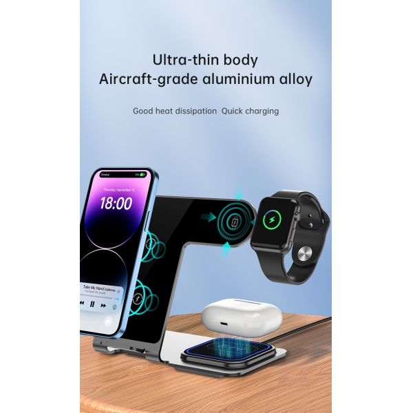 Aluminum Alloy 3 In 1 Wireless Charging Stand 15W Power Over Temperature Protection