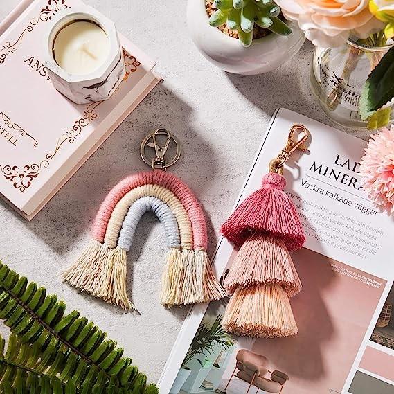 Rainbow Keychain Macrame Weaving Rainbow Tassel Keychains Car Keyring Holder Jewelry for Bag Wallet Purse Women