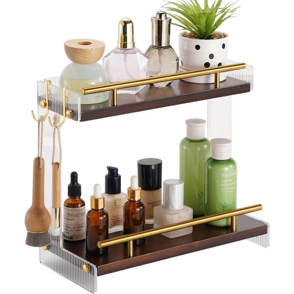 Wooden Bathroom Vanity Countertop Organizer for Cosmetics and Skincare 2 Tier Dresser