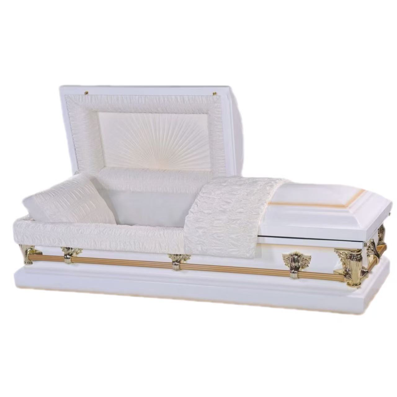White Half Couch Wooden Casket，Iron Burial Vault Stainless Steel Casket For Exceptional Durability