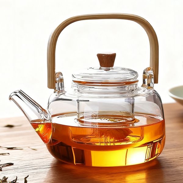 Eco Friendly Glass Tea Pot Transparent Glass Kettle With Wooden Lid Large Capacity