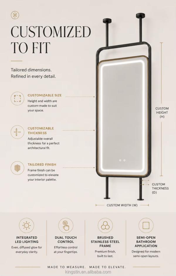 Kingstin Stainless Steel Suspended LED Bathroom Mirror for Semi-Open Vanities, 3 Color Temperature, Anti-Fog, Custom Rods