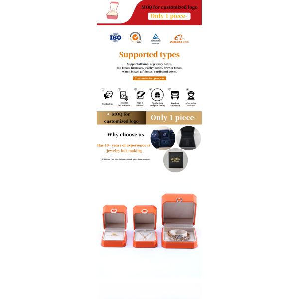 Caja de embalaje de joyas de cuero PU de color naranja cuadrado para brazalete de collar y anillo de bodas