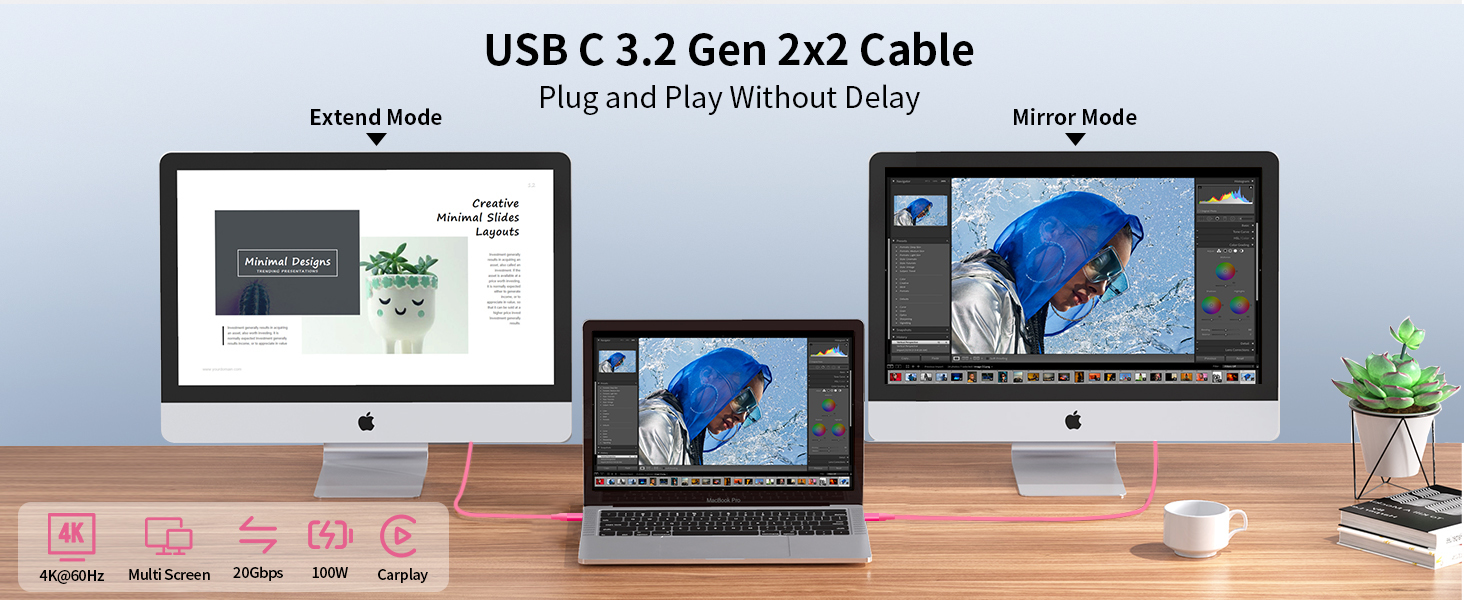 Pink Braided USB C Cable Straight Angle 4K Video Cable Durable For Commercial Workspaces