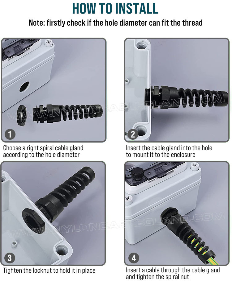Installation method of colored spiral nylon cable glands Colored Strain Relief Cable Gland Nylon 6 (Polyamide 6/PA6), PG13.5 (Ø 6-12mm & 5-9mm), IP68 & IP69K, for Cable Identification & Organization