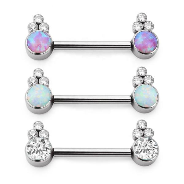 Shiny Opal Gems Pure Titanium G23 Nipple Rings 14G 1.6mm Steel color