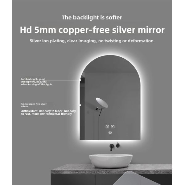 French Arch Smart Bathroom Mirror LED Light Anti-Fog Modern Nordic Style Wall-Mounted Vanity Mirror Touch Switch Irregular Shape