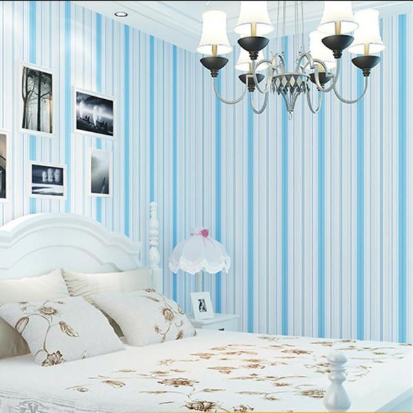 Embossed Kids Bedroom Wallpaper , Vinyl Blue and White Striped Wallpaper