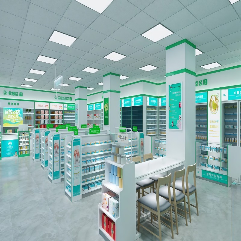 Pharmacy Showcase Cabinet and Medical Wall Shelf System for Retail Drugstore Store Furniture Design