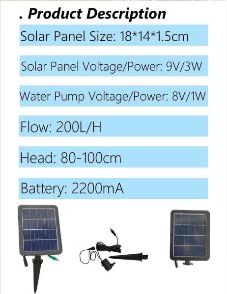 Outdoor Garden Pool Solar DC Water Pump 3W with 2200mA Battery Capacity and Certificate