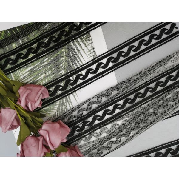 Nylon Linear Geometric Black Embroidered Lace Fabric