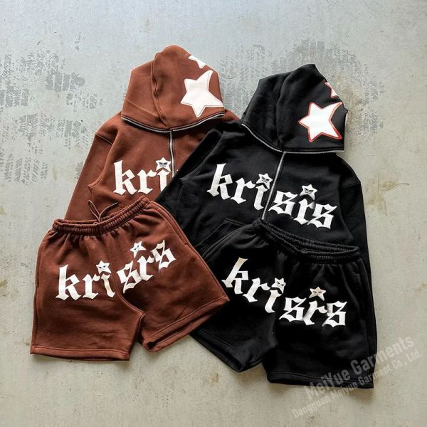 Oem Puff Print Training Jogging Full Face Zip up Hoodie Slim Fit Cargo Cotton Shorts Set 2 Piece Short Set for Men Custom Logo