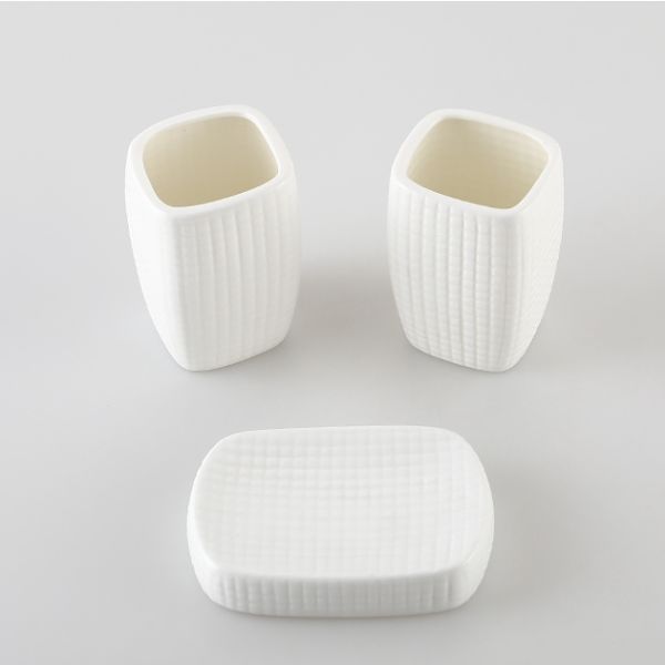 Embossed Decor Bathroom Ceramic Set 4 Pcs With Toothbrush Cup Soap Dispenser
