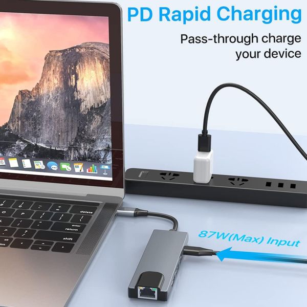 Adaptador HDMI 4K USB-C Hub com RJ45 USB 3.0 USB 2.0 e PD Output Alumínio