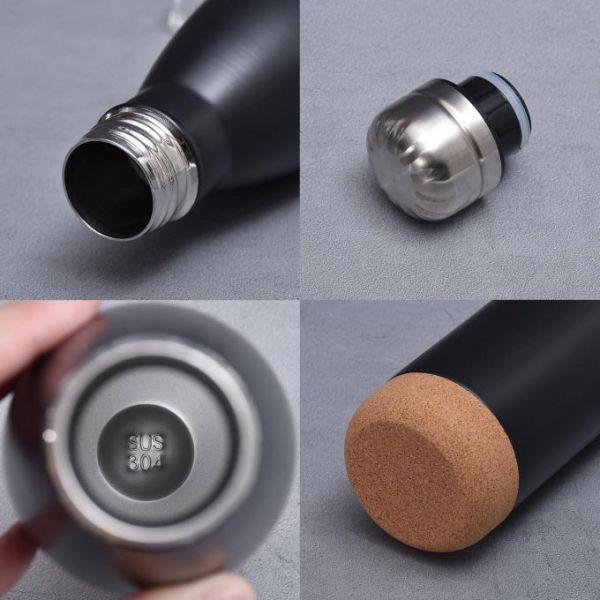 Botella de agua de acero inoxidable aislada en forma de cola de doble pared Botellas de agua de metal personalizadas con fondo de corcho para deportes