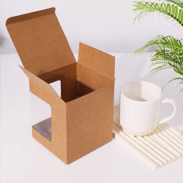 Hot Selling Cup Gift Box Hollow Window Transparent Packaging Box Mug Packaging Kraft Paper Box Wholesale