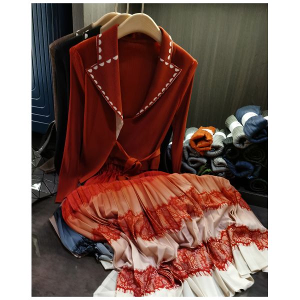 Autumn New Elegant Color-Blocking Printed Pleated Faux Two-Piece Dress Plus Size Casual Chiffon Lace Long Sleeves Suit Collar