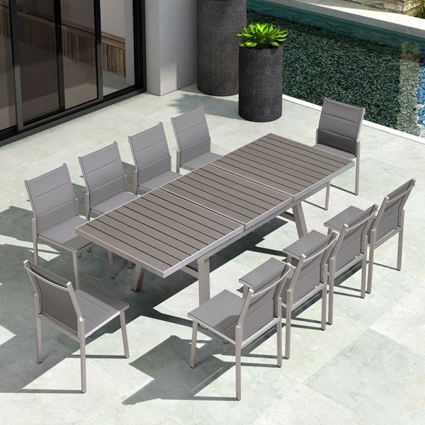 10 Seater Garden Dining Set WPC Table and Brushed Aluminum Chairs for Outdoor Furniture