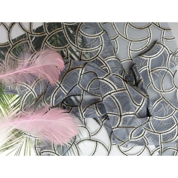 Grey Allover Cutwork Geometric Embroidered Lace Fabric