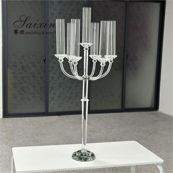 Saixin nuevo diseño gran soporte de metal de oro 10 brazos candelabro de vidrio para los centros de la boda
