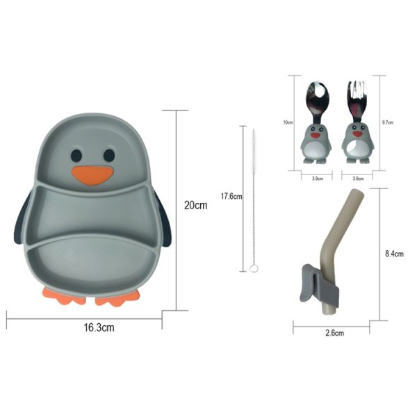OEM Silicone Baby Feeding Set Penguin Shape Food Grade With Spoon