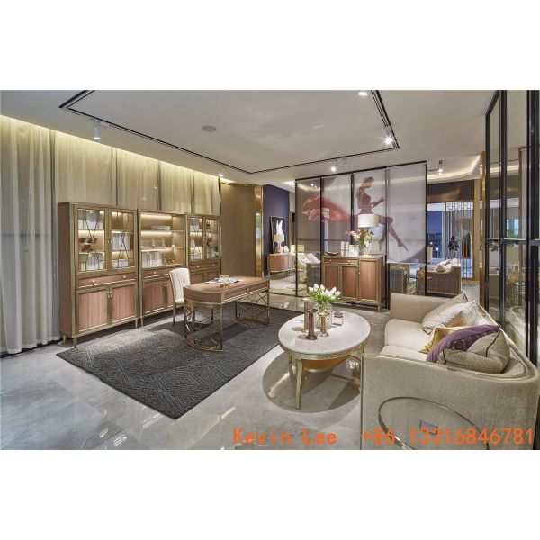 Light luxury Bedroom furniture Villa house King size bed in Sliver painting wood headboard with Big wardrobe cabinets