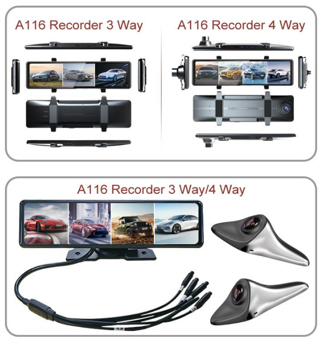 11.26inch 3-Way 4-Way Car Data Recorder with HD Resolution & Multiple Camera Views