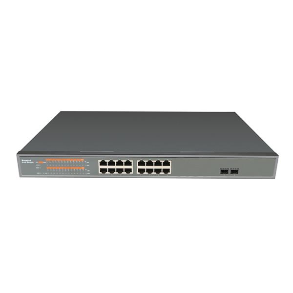Fiber Ethernet PoE Switch Unmanaged 16x10/100Base-TX + 2x1000Base-FX SFP / 16xPoE